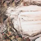 Abstract rug, off-white beige, painterly brushstrokes with red gold accents, resembling topographical map, Decoro Painted Wood Botticelli 2013.